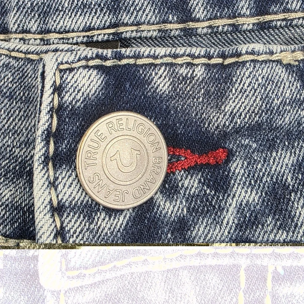 True Religion Jeans Mens 34 Ricky Big T Relaxed Straight Medium Aventurine Blue